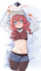 Rule 34 | 1girl, :d, absurdres, arms up, bed sheet, blue archive, blue eyes, blue shorts, blush, braid, breasts, collared shirt, groin, hair between eyes, halo, hat, highres, long hair, long sleeves, looking at viewer, lying, maki (blue archive), maki (camp) (blue archive), midriff, navel, on back, on bed, open mouth, painterliuhao, panties, pantyhose, pillow, red hair, shirt, short shorts, shorts, small breasts, smile, solo, stomach, sweatdrop, sweater, thighs, twin braids, underwear, white shirt