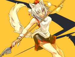 Rule 34 | 1girl, ;), animal ears, bare shoulders, cowboy shot, hat, highres, inubashiri momiji, looking at viewer, melon22, miniskirt, one eye closed, polearm, pom pom (clothes), red eyes, short hair, silver hair, sleeveless, smile, solo, spear, tail, tokin hat, touhou, weapon, wolf ears, wolf tail, wrist cuffs
