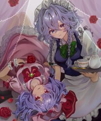 Rule 34 | 2girls, apron, ascot, bat wings, blue eyes, blue hair, bow, braid, brooch, dress, flower, frilled apron, frilled dress, frills, green bow, grey hair, hair bow, hat, hat ribbon, highres, holding, holding plate, izayoi sakuya, jewelry, looking at viewer, maid, maid apron, maid headdress, mob cap, multiple girls, open mouth, pink hat, plate, puffy sleeves, red eyes, red flower, red rose, remilia scarlet, ribbon, rose, saaamon 4005, short hair, short sleeves, smile, tea set, touhou, twin braids, waist apron, wings, wrist cuffs
