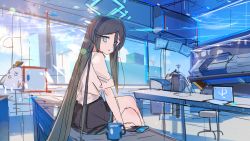 Rule 34 | 1girl, :o, aris (blue archive), black hair, black skirt, blue archive, blue eyes, blue hairband, blue sky, cellphone, cloud, commentary, crossed legs, cup, day, english commentary, eyes visible through hair, from side, hair over one eye, hairband, halo, highres, indoors, janyhero, long hair, looking at viewer, looking to the side, mug, parted lips, peroro (blue archive), phone, shirt, short sleeves, sitting, sketch, skirt, sky, solo, table, unfinished, very long hair, white shirt, window