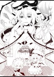 Rule 34 | 1girl, bad id, bad pixiv id, character doll, female focus, flandre scarlet, highres, izayoi sakuya, kochouran, monochrome, mouth hold, puppet, puppet strings, remilia scarlet, solo, string, touhou, wings