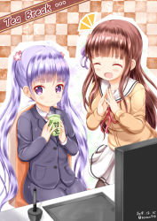 Rule 34 | 2girls, :d, ^ ^, black jacket, black skirt, blush, brown cardigan, brown legwear, cardigan, chair, checkered background, closed eyes, collared shirt, commentary request, company connection, cup, dated, drawing tablet, facing another, formal, gochuumon wa usagi desu ka?, hair ribbon, highres, holding, holding cup, jacket, long hair, manga time kirara, multiple girls, neck ribbon, new game!, office chair, on chair, open mouth, pantyhose, purple eyes, purple hair, purple ribbon, red ribbon, ribbon, sailor collar, shirt, sidelocks, sitting, skirt, skirt suit, smile, standing, star (symbol), steepled fingers, stylus, suit, suzukaze aoba, swivel chair, tea, twintails, twitter username, ujimatsu chiya, very long hair, white sailor collar, white shirt, white skirt, xenon (for achieve), yunomi