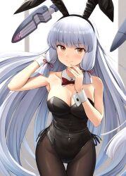 Rule 34 | 1girl, animal ears, bare shoulders, black leotard, blunt bangs, bow, bowtie, breasts, cleavage, closed mouth, collarbone, commentary, cowboy shot, detached collar, fake animal ears, floating hair, floating headgear, grey hair, hair ribbon, hand in own hair, hands up, headgear, highleg, highleg leotard, highres, ichikawa feesu, kantai collection, leotard, long hair, looking at viewer, medium breasts, murakumo (kancolle), pantyhose, playboy bunny, rabbit ears, red bow, red bowtie, red ribbon, ribbon, smile, solo, strapless, strapless leotard, thigh gap, very long hair, wrist cuffs, yellow eyes
