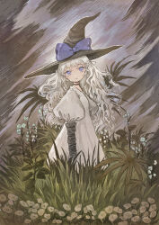 Rule 34 | 1girl, ari awayuki, bow, choker, dress, elbow gloves, expressionless, from side, gloves, hat, hat bow, highres, long hair, looking at viewer, original, plant, puffy short sleeves, puffy sleeves, purple eyes, short sleeves, solo, very long hair, wavy hair, white hair, witch, witch hat