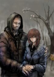 Rule 34 | 1boy, 1girl, bare tree, beard, black hair, blue jacket, brown eyes, brown hair, brown jacket, closed mouth, facial hair, fur-trimmed jacket, fur trim, hand on another&#039;s shoulder, highres, hood, jacket, jittsu, long sleeves, looking at viewer, medium hair, original, outdoors, parent and child, post-apocalypse, sign, smile, tree, upper body, zipper