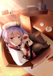 Rule 34 | 1girl, ajax (azur lane), azur lane, breasts, cup, dessert, feet on chair, food, from above, highres, holding, holding cup, naughty face, on chair, pantyhose, purple hair, red eyes, red skirt, skirt, small breasts, tea, teacup, tissue box, tsukimineko