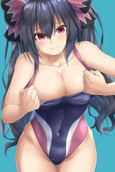Rule 34 | 10s, 1girl, alternate costume, aqua background, black bow, black hair, blue background, blush, bow, breasts, cleavage, closed mouth, clothes pull, collarbone, competition swimsuit, covered navel, cowboy shot, eyebrows, eyelashes, hair between eyes, hair ornament, highres, large breasts, legs, long hair, looking at viewer, medium breasts, navel, neptune (series), noire (neptunia), oekakizuki, one-piece swimsuit, one-piece swimsuit pull, red eyes, shin jigen game neptune vii, shiny skin, simple background, smile, solo, stomach, swimsuit, twintails, very long hair