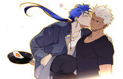 Rule 34 | 2boys, archer (fate), black pants, black shirt, blue hair, brown eyes, closed eyes, closed mouth, collarbone, cu chulainn (fate), dangle earrings, drawstring, earrings, egg (food), fate/stay night, fate (series), food, frying pan, grey jacket, hand in pocket, hand on another&#039;s shoulder, holding, holding frying pan, jacket, jewelry, kiss, kissing cheek, long hair, male focus, multiple boys, orange outline, pants, pectorals, ponytail, shirt, short hair, t-shirt, tobu (bilibil), white hair, white shirt, yaoi