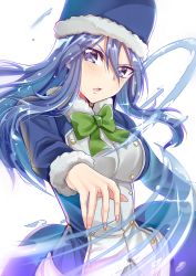 Rule 34 | 1girl, absurdres, blue eyes, blue hair, blue hat, bow, bowtie, breasts, coat, fairy tail, floating hair, fur-trimmed headwear, fur trim, green bow, green bowtie, gu li, hair between eyes, hat, head tilt, highres, juvia lockser, large breasts, long hair, looking at viewer, open mouth, solo, standing, upper body, white background