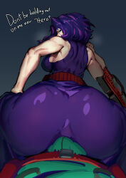 Rule 34 | 1boy, 1girl, age difference, ass, bathsalts, biceps, boku no hero academia, breasts, bulge, dress, english text, erection, erection under clothes, formal, green suit, gun, highres, huge ass, lady nagant, large breasts, large penis, looking at viewer, mature female, midoriya izuku, muscular, muscular female, penis, presenting, purple dress, purple eyes, purple hair, simple background, suit, weapon