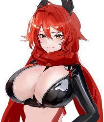 Rule 34 | 1girl, ababababa abya, black gloves, blush, breasts, chaps, cleavage, closed mouth, crop top, cropped jacket, fingerless gloves, gloves, goddess of victory: nikke, hair between eyes, headgear, highres, horns, jacket, large breasts, leather, leather jacket, long hair, looking at viewer, mechanical horns, navel, orange eyes, red hair, red hood (nikke), red scarf, scarf, simple background, smile, solo, unzipped, upper body, very long hair, white background, zipper