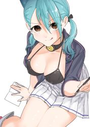 Rule 34 | 1girl, aoba (azur lane), azur lane, bad hands, bikini, black bikini, blue hair, breasts, brown hair, collar, hair between eyes, holding, holding pen, jacket, large breasts, ootani nonno, open clothes, open jacket, pen, pleated skirt, sitting, skirt, swimsuit, tongue, tongue out, twintails, white skirt