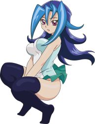 Rule 34 | 1girl, artist request, bare shoulders, blue hair, blush, bouncing breasts, breasts, clothes lift, highres, kamishiro rio, long hair, looking at viewer, medium breasts, miniskirt, multicolored hair, red eyes, school uniform, shiny skin, simple background, skirt, skirt lift, solo, two-tone hair, very long hair, wide hips, yu-gi-oh!, yuu-gi-ou, yuu-gi-ou zexal