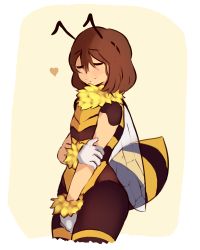 Rule 34 | androgynous, antennae, bee costume, between legs, blush, brown hair, caribun, closed eyes, fake antennae, frisk (undertale), fur collar, fur gloves, gender request, gloves, hand between legs, hand on own arm, heart, highres, insect wings, leotard, other focus, simple background, smile, solo, undertale, white background, wings