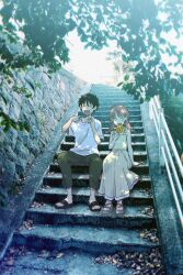 Rule 34 | 1boy, 1girl, ^ ^, arm rest, bare arms, bare shoulders, black hair, braid, brown footwear, casual, closed eyes, collarbone, dappled sunlight, day, dress, eating, flip-flops, foliage, food, full body, futase aine, grey pants, highres, holding, holding food, holding popsicle, karappo no aine, leaf, low twintails, maria komaki, medium hair, open mouth, outdoors, pants, photo background, pink footwear, pink hair, pinstripe dress, pinstripe pattern, popsicle, popsicle stick, railing, sandals, shirt, short hair, short sleeves, sitting, sitting on stairs, sleeveless, sleeveless dress, smile, spaghetti strap, stairs, stone, stone stairs, striped, sunlight, sweat, t-shirt, tree, twin braids, twintails, two-tone footwear, white dress, white shirt, yawning, yoshiki ritsu