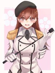Rule 34 | 1girl, black necktie, breasts, brown hair, buttons, collared shirt, cosplay, double-breasted, epaulettes, gloves, grey shirt, hair between eyes, highres, jacket, kantai collection, katori (kancolle), katori (kancolle) (cosplay), kozu (bloomme1 me), large breasts, long hair, looking at viewer, necktie, ooi (kancolle), open mouth, red eyes, riding crop, shirt, simple background, solo, twitter username, upper body, white gloves