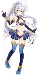 Rule 34 | 1girl, ange vierge, bare shoulders, black gloves, blue footwear, boots, breasts, brown eyes, cleavage, commentary request, elbow gloves, feathered wings, frown, gloves, hair between eyes, hair ornament, head wings, highres, long hair, looking at viewer, medium breasts, navel, simple background, solo, thigh boots, thighhighs, user reyt3533, very long hair, white background, white wings, wings