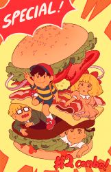 Rule 34 | 1girl, 3boys, arm up, artist name, backpack, bacon, bag, baseball cap, black-framed eyewear, black hair, blonde hair, blunt bangs, bow, braid, burger, cheese, closed mouth, commentary, dress, food, glasses, hair bow, hat, jacket, jeff andonuts, lettuce, long sleeves, mother (game), mother 2, multiple boys, ness (mother 2), nintendo, opaque glasses, open mouth, oversized food, oversized object, paula (mother 2), pink dress, poo (mother 2), puffy short sleeves, puffy sleeves, red bow, red footwear, red headwear, rii abrego, shirt, shoes, short hair, short sleeves, smile, sneakers, socks, striped clothes, striped shirt, tomato, v, wavy mouth