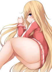 Rule 34 | 10s, 1girl, ass, bare legs, blonde hair, blush, bottomless, from side, gabriel dropout, highres, jacket, long hair, long sleeves, looking at viewer, looking to the side, mizushina minato, naked jacket, no panties, profile, solo, gabriel tenma white, track jacket, very long hair