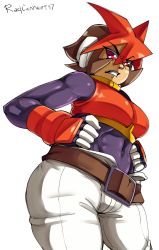 Rule 34 | angry, artist name, atlas (mega man), belt, bodystocking, bodysuit, bracelet, breasts, brown hair, capcom, covered navel, fingerless gloves, gloves, hair between eyes, hand on own hip, hands on own hips, highres, jewelry, looking at viewer, looking down, medium breasts, mega man (series), mega man zx, mega man zx advent, midriff, navel, orange hair, pants, radlionheart, red eyes, short hair, signature, simple background, teeth, text focus, thick thighs, thighs, tight clothes, tight pants, white background, white pants