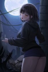 Rule 34 | 1girl, absurdres, ass, black skirt, blue shorts, blush, breasts, cityscape, commentary request, cowboy shot, full moon, highres, hood, hooded shirt, lethe (lethe187), long sleeves, looking at viewer, looking back, moon, night, night sky, open mouth, original, shorts, skirt, sky, smile, solo, standing, star (sky), thick thighs, thighs, yellow eyes