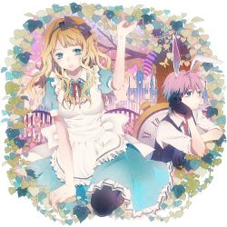 Rule 34 | 1boy, 1girl, alice (alice in wonderland), alice in wonderland, animal ears, bad id, bad pixiv id, black gloves, black pantyhose, blonde hair, bow, dress, gloves, hairband, long hair, pantyhose, parted lips, pink hair, rabbit ears, short hair, smile, tail, tsukioka tsukiho