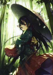 Rule 34 | 1girl, absurdres, bamboo, bamboo forest, black hair, day, floral print, forest, highres, holding, horns, japanese clothes, kimono, long hair, looking at viewer, looking back, nature, obi, oil-paper umbrella, oni, outdoors, parted lips, petals, red eyes, sash, scan, senji (tegone spike), solo, umbrella, very long hair, wide sleeves