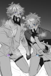 Rule 34 | 2boys, blue hair, blush, clone, cunnilingus gesture, delusion (genshin impact), dual persona, earrings, fellatio gesture, genshin impact, gloves, greyscale, hair between eyes, highres, jewelry, jomae gen, kneeling, looking at viewer, male focus, monochrome, multiple boys, nipples, ok sign, open clothes, open shirt, oral invitation, pants, purple eyes, saliva, shirt, simple background, single earring, sketch, spot color, sweat, tartaglia (genshin impact), tongue, vision (genshin impact), yaoi