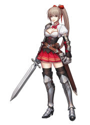 Rule 34 | 1girl, absurdres, armored boots, armored gloves, boots, bow, bowtie, breasts, brown hair, cleavage, closed mouth, commentary, double stripe, ears visible through hair, full body, gloves, hair bow, highres, holding, holding sword, holding weapon, jungon kim, light smile, long hair, looking at viewer, original, pleated, pleated skirt, red bow, red bowtie, red skirt, sidelocks, simple background, skirt, solo, standing, sword, weapon, white background
