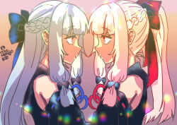 Rule 34 | 2girls, black bow, black dress, black sleeves, blue bow, blue hair, blue ribbon, bow, braid, closed mouth, commentary request, detached sleeves, dress, expressionless, eye contact, french braid, from side, hair bow, ikkokudou, kotonoha akane, kotonoha aoi, long hair, looking at another, low-tied sidelocks, matching outfits, multiple girls, multiple hair bows, pink hair, ponytail, profile, raised eyebrows, red bow, red eyes, red ribbon, ribbon, siblings, sidelocks, sisters, sleeveless, sleeveless dress, symmetry, twitter username, upper body, voiceroid