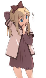 Rule 34 | 1girl, 3131, arm behind head, arm up, blonde hair, blue eyes, bow, finger to face, hair bow, hand on own face, layered sleeves, long hair, long sleeves, nse, open mouth, school uniform, serafuku, short over long sleeves, short sleeves, simple background, solo, toshinou kyouko, translation request, white background, yuru yuri