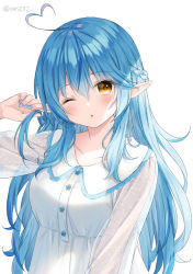 1girl, ;o, ahoge, anz32, bangs, blue nails, blush, braid, breasts, brown eyes, collarbone, collared dress, commentary request, dress, eyebrows visible through hair, hair between eyes, hand up, head tilt, heart ahoge, hololive, long hair, looking at viewer, medium breasts, nail polish, one eye closed, parted lips, pointy ears, simple background, solo, twitter username, upper body, very long hair, virtual youtuber, white background, white dress, yukihana lamy