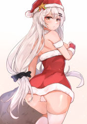 Rule 34 | 1girl, absurdres, ass, bare shoulders, black bow, blush, bow, brown eyes, closed mouth, commentary request, dress, fingerless gloves, from behind, fur-trimmed dress, fur-trimmed gloves, fur-trimmed headwear, fur trim, girls&#039; frontline, gloves, hair between eyes, hair bow, hair ornament, hairclip, hat, highres, long hair, looking at viewer, looking back, muteppona hito, official alternate costume, panties, red dress, red gloves, red hat, santa costume, santa hat, short dress, silver hair, simple background, solo, standing, strapless, strapless dress, svd (girls&#039; frontline), svd (winter fairy) (girls&#039; frontline), thighhighs, twintails, underwear, very long hair, white background, white panties, white thighhighs