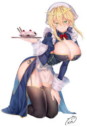 Rule 34 | 1girl, artoria pendragon (fate), artoria pendragon (lancer) (fate), black panties, black thighhighs, blonde hair, blue dress, blush, braid, breasts, cleavage, closed mouth, crown, dress, eyelashes, fate/grand order, fate (series), food, french braid, frills, garter straps, green eyes, hair between eyes, highres, kneeling, large breasts, leaning forward, long hair, looking at viewer, obiwan, panties, sidelocks, signature, simple background, smile, solo, swept bangs, thighhighs, thighs, tray, underwear, white background