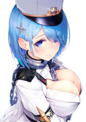 Rule 34 | 1girl, azumi akitake, azur lane, blue eyes, blue hair, blush, breast hold, breasts, chain, chapayev (azur lane), cleavage, hair ornament, hat, highres, large breasts, looking at viewer, looking up, military, military uniform, mole, mole on breast, short hair, smile, solo, uniform, upper body, white background