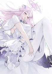 1girl ass blue_archive blush breasts capelet dress feathered_wings finger_to_mouth halo highres large_breasts legs_folded long_hair looking_at_viewer mika_(blue_archive) pantyhose pink_hair shushing sideboob smile solo tol10131 very_long_hair white_capelet white_dress white_pantyhose white_wings wings yellow_eyes