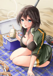 Rule 34 | 10s, 1girl, alcohol, ass, bag, beach, beach towel, beach umbrella, beer, beer can, black hair, black one-piece swimsuit, blue eyes, blush, breasts, can, collarbone, cooler, drink can, green jacket, hair between eyes, hayasui (kancolle), highres, holding, holding can, jacket, kantai collection, kneeling, large breasts, lips, looking at viewer, looking up, one-piece swimsuit, open mouth, sand, sandals, sezok, short hair, solo, swimsuit, towel, twisted torso, umbrella, unworn sandals