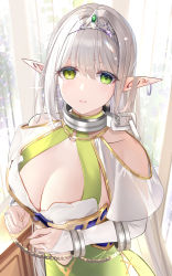 Rule 34 | 1girl, absurdres, breasts, bridal gauntlets, chain, cleavage, clothing cutout, collar, commentary request, crying, crying with eyes open, cuffs, curtains, dress, ear piercing, elf, green dress, green eyes, hair between eyes, halterneck, heterochromia, highres, indoors, large breasts, long hair, looking at viewer, metal collar, muka tsuku, original, parted lips, piercing, pointy ears, restrained, revision, shoulder cutout, silver hair, solo, tears, tiara, upper body, very long hair