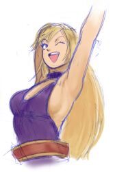 Rule 34 | 1girl, arm up, armpits, blonde hair, blue eyes, breasts, cleavage, dress, fatal fury, garou: mark of the wolves, highres, jenet behrn, large breasts, long hair, one eye closed, open mouth, sideboob, smile, snk, solo, the king of fighters, traditional media, wink