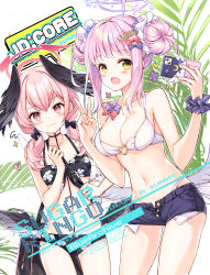 Rule 34 | 2girls, :d, bare shoulders, bikini, bikini under clothes, black bikini, black bow, black shorts, black wings, blue archive, blue flower, blush, bow, breasts, cellphone, cleavage, collarbone, comiket 102, commentary request, cover, cover page, double bun, feathered wings, floral print, flower, front-tie bikini top, front-tie top, hair bow, hair bun, hair flower, hair ornament, hair over shoulder, halo, hands up, head wings, highres, holding, holding phone, juna, koharu (blue archive), koharu (swimsuit) (blue archive), long hair, low twintails, low wings, mary janes, medium breasts, mika (blue archive), multiple girls, navel, open mouth, phone, pink eyes, pink hair, print bikini, shoes, short shorts, shorts, sidelocks, small breasts, smile, swimsuit, twintails, wings, wrist cuffs, yellow eyes