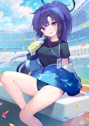 Rule 34 | 1girl, ainy, blue archive, blue jacket, bottle, breasts, buruma, cloud, confetti, day, hair between eyes, halo, highres, holding, holding bottle, id card, jacket, long hair, looking at viewer, medium breasts, open mouth, outdoors, partially unzipped, ponytail, purple eyes, purple hair, shirt, sitting, sky, solo, stadium, star (symbol), star sticker, sticker on face, thighs, twitter username, yuuka (blue archive), yuuka (track) (blue archive)