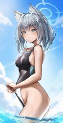 Rule 34 | 1girl, absurdres, animal ears, bare arms, bare legs, bare shoulders, beach, black one-piece swimsuit, blue archive, blue eyes, blue halo, blush, breasts, closed mouth, competition swimsuit, cowboy shot, cross hair ornament, day, grey hair, hair ornament, halo, highres, kuromiz, medium breasts, medium hair, mismatched pupils, ocean, official alternate costume, one-piece swimsuit, outdoors, shiroko (blue archive), shiroko (swimsuit) (blue archive), solo, swimsuit, wolf ears