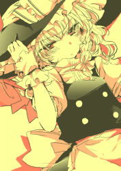 Rule 34 | 1girl, :&lt;, blush, female focus, hand on headwear, hat, holding, holding hat, kirisame marisa, monochrome, poprication, shy, solo, touhou, witch hat, yellow theme