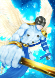 Rule 34 | angel, angel wings, angemon, blonde hair, blue background, clenched hand, digimon, digimon (creature), digimon adventure, feathered wings, foreshortening, gasshou, gloves, helmet, highres, long hair, male focus, multiple wings, solo, toned, wings