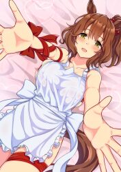 Rule 34 | 1girl, animal ears, apron, aston machan (umamusume), bare shoulders, blush, breasts, brown hair, collarbone, commentary request, frills, hair ornament, hair scrunchie, highres, horse ears, horse girl, horse tail, large breasts, lying, nearly naked apron, on back, on bed, open mouth, outstretched arms, red ribbon, ribbon, scrunchie, side ponytail, smile, tail, umamusume, valentine, yellow eyes, zenrakishi