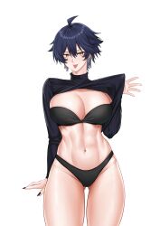 Rule 34 | 1girl, absurdres, ahoge, black bra, black hair, black nails, black panties, black shirt, bra, breasts, cleavage, clothes lift, cowboy shot, deroo, earrings, highres, jewelry, large breasts, lifted by self, navel, original, panties, piercing, shirt, shirt lift, short hair, solo, strapless, strapless bra, tongue, tongue out, tongue piercing, turtleneck, underwear, yellow eyes