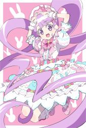 Rule 34 | 1girl, :d, animal print, arms up, blunt bangs, border, bow, center frills, commentary request, dress, edamame (buruburu), frilled dress, frilled hairband, frilled socks, frills, full body, hair ornament, hairband, high heels, highres, jumping, light purple hair, lolita fashion, lolita hairband, long hair, looking at viewer, manaka non, mary janes, multicolored clothes, multicolored dress, open mouth, pink background, pink bow, pink footwear, pink hairband, pink ribbon, pretty series, pripara, puffy short sleeves, puffy sleeves, purple eyes, rabbit hair ornament, rabbit pose, rabbit print, ribbon, shoes, short sleeves, smile, socks, solo, sweet lolita, twintails, very long hair, white border, wrist cuffs