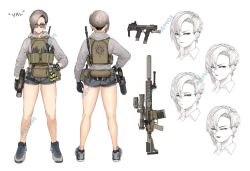 Rule 34 | 1girl, alma01, ammunition pouch, battle rifle, black gloves, black socks, closed eyes, closed mouth, commentary, english commentary, expressions, forehead, gloves, grey footwear, grey hair, grey hoodie, grey shorts, gun, h&amp;k hk417, handgun, hood, hood down, hoodie, long sleeves, multiple views, original, parted bangs, pouch, rifle, scope, shoes, short shorts, shorts, sig sauer p320, simple background, smile, socks, sunglasses, v-shaped eyebrows, watermark, weapon, weapon request, white background