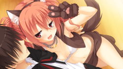 Rule 34 | 1girl, animal ears, animal hands, blush, breasts, cat ears, cat paws, cleavage, fake animal ears, fake tail, game cg, inaba meguru, jewelry, kobuichi, legs, long hair, looking at viewer, midriff, muririn, navel, necklace, open mouth, orange hair, red eyes, sanoba witch, side ponytail, skirt, small breasts, smile, standing, tail, thighs, v, wooden floor, yuzu-soft