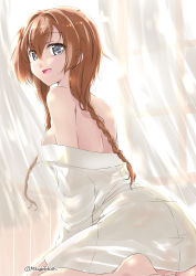 Rule 34 | 1girl, blue eyes, braid, breasts, brown hair, curtains, dress, hair between eyes, indoors, kantai collection, large breasts, long hair, long sleeves, looking at viewer, looking back, mikage takashi, off shoulder, open mouth, sideboob, solo, teruzuki (kancolle), twin braids, twitter username, white dress, window